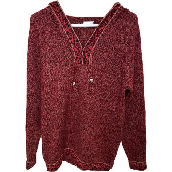 Women’s Handmade 100% Alpaca Peruvian Poncho Sweater Red Hood Pullover L - Picture 1 of 6